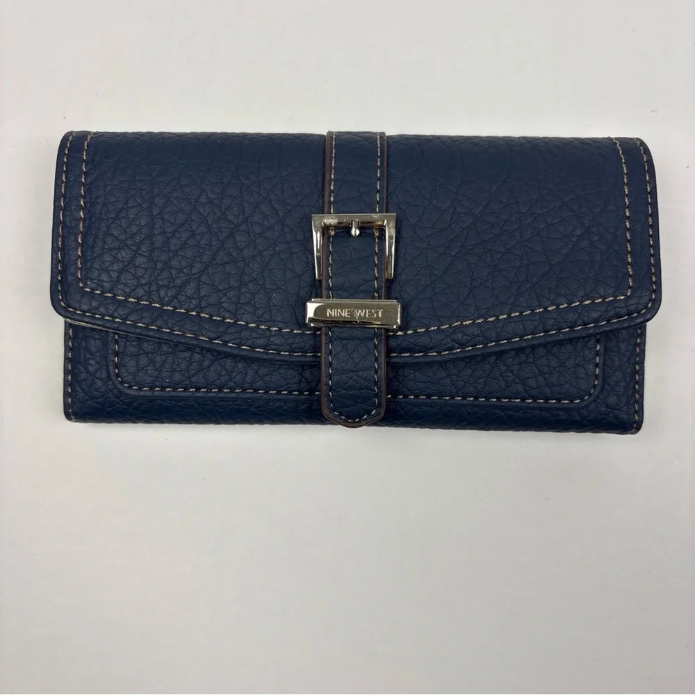 Nine West Women Wallet Blue Tri-Fold Snap Faux Leather Metallic Lining NWOT